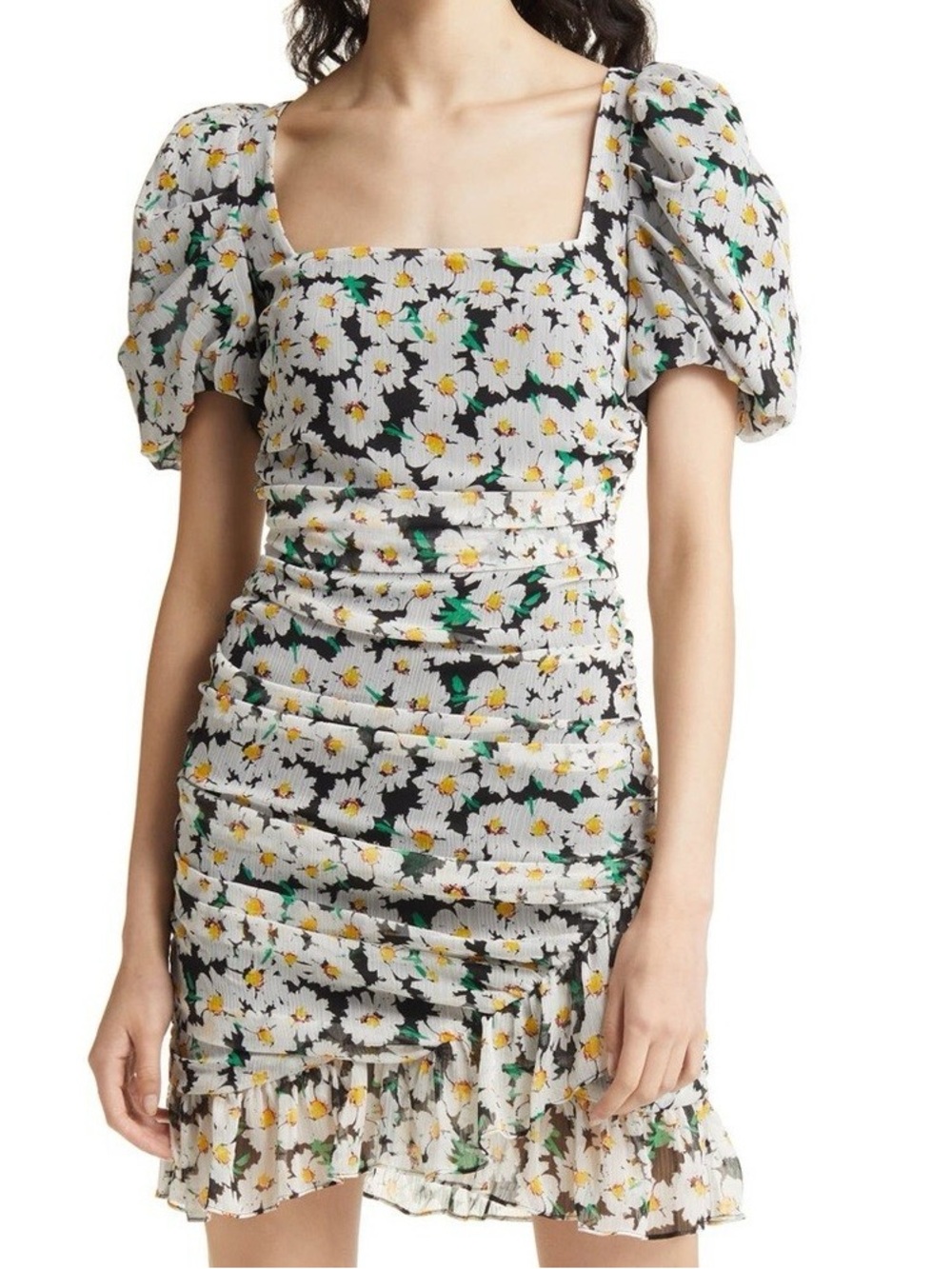 Charles Henry White Daisy Print Square-Neck Puff Sleeve Mini Dress